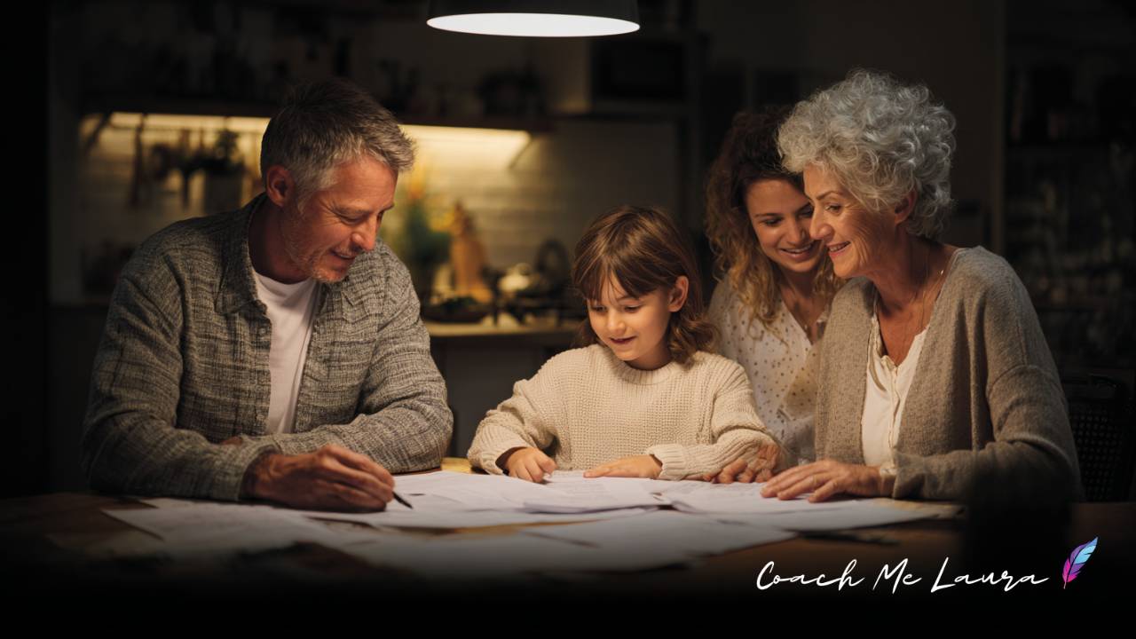 2 adults at table with 2 children
